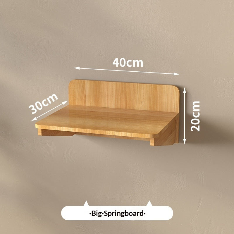 A wooden wall-mounted shelf shown against a beige wall with overlaid dimension arrows and labels indicating 40 cm width, 30 cm depth, and 20 cm height. A label at the bottom reads “Big-Springboard.