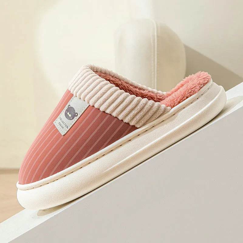 Solid Striped Plush Slippers Winter Warm Bear Fleece Shoes House Indoor Bedroom Floor Thick-soled Home Slipper For Women Men Couple - EX-STOCK Canada