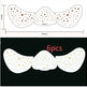 Mustache-shaped stickers with star patterns and dimensions on a black background