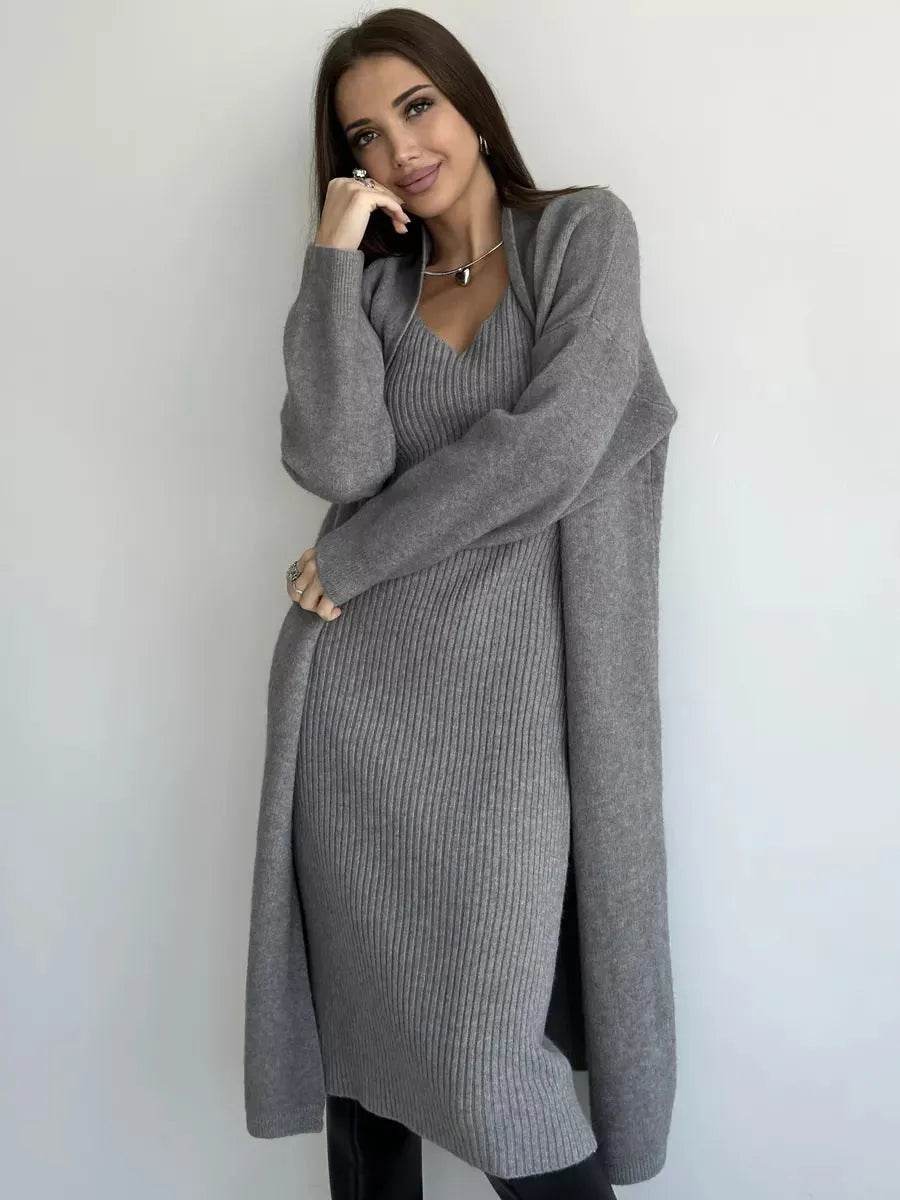 Women 2pcs Winter outfit set Long dress Cashmere Long Cardigan Jacket - EX-STOCK Canada