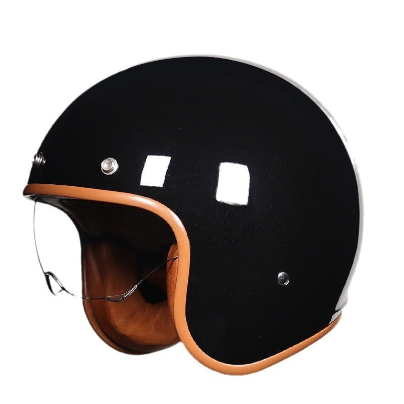 Black motorcycle helmet with brown interior on a white background