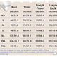 A size chart table for apparel with columns labeled Bust, Waist, Length Front, and Length Back, showing sizes XS through 3XL in centimeters and inches. The chart has a beige textured background with a white bow at top left and decorative ribbon graphics at bottom right.
