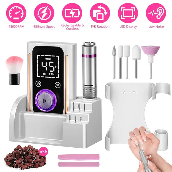 Portable Electric Nail Drill Bit 45000 RPM With 11 Bits Base Waist Clip Cordless Rechargeable Nail File Machine For Professional Salon Home Acrylic Nails Remove Nail Gel Polish Manicure EX-STOCK Canada 