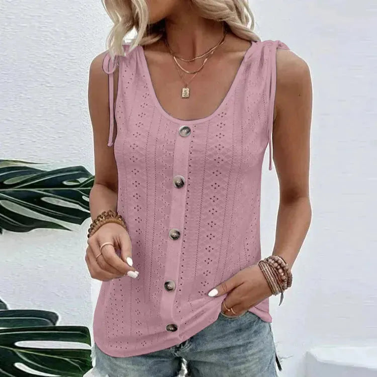 Casual summer U-neck Vest Women Shoulder With Bow Tie Summer blouse top - EX-STOCK CANADA