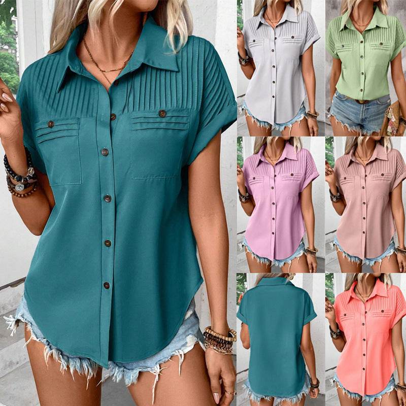 Lapel Shoulder Pleated Pocket Short Sleeve Top Shirt T-shirt Women - EX-STOCK Canada