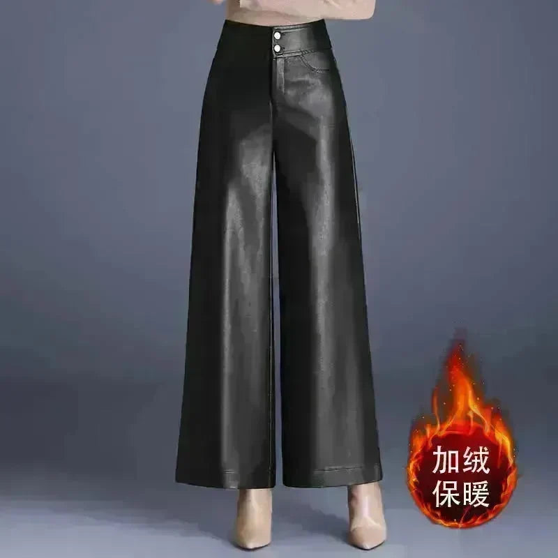 High Waist Thick Loose Big Leg Straight All-matching Wide Leg Leather trouser Pants For Women - EX-STOCK CANADA
