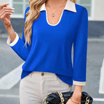 Casual Color Matching Lapel Long Sleeve Blouse Top Women - EX-STOCK CANADA