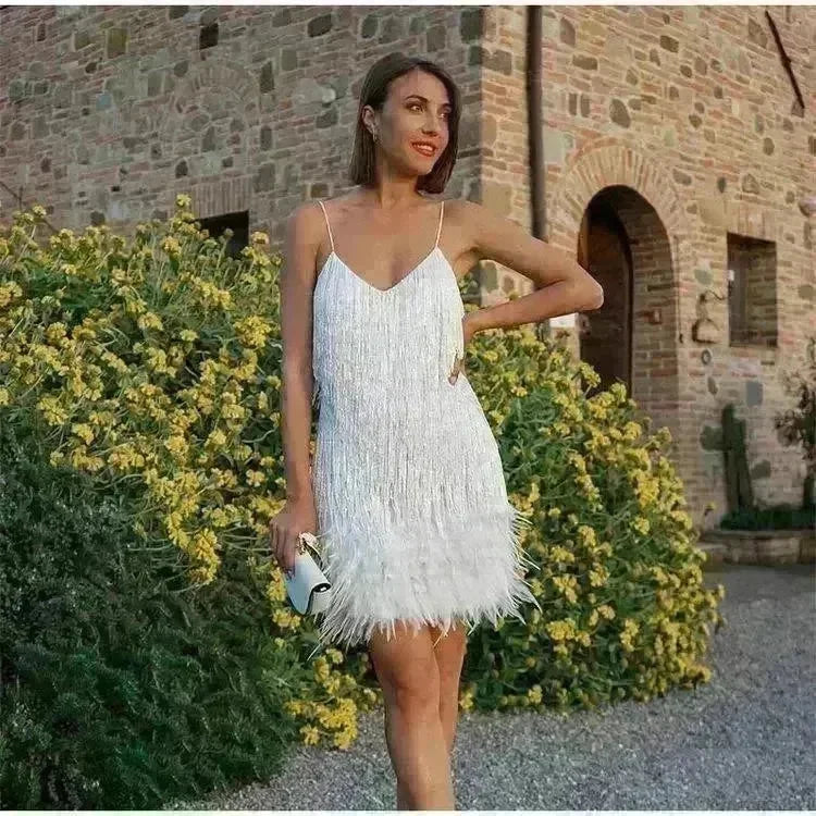 Elegant Chic Spaghetti Strap Luxury Tassel Sequins Feather Women’s Mini Dress for Evening Party, Cocktail Wedding Guest. - EX-STOCK CANADA