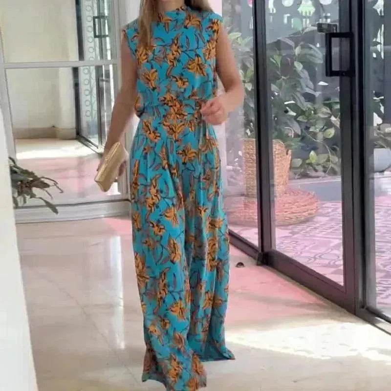 Casual Style Sleeveless High-waisted 2pcs floral Trousers set Women - EX-STOCK Canada