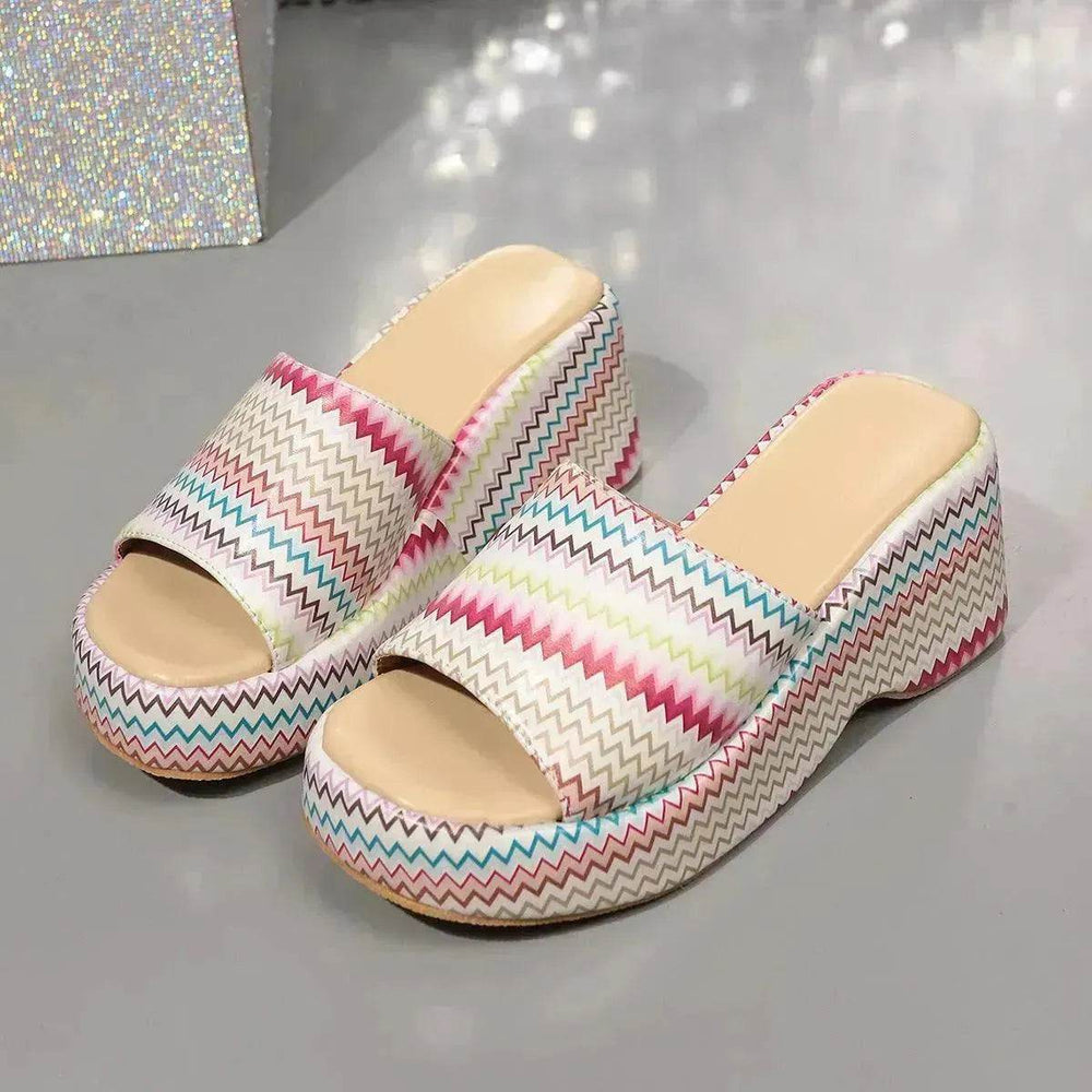 Casual Summer Fashionable Colorful Wave Print Thick Wedge Heel Women Slippers - EX-STOCK Canada
