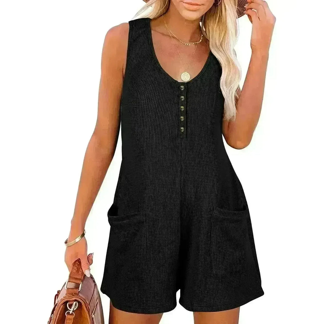 Casual Waffle Button Jumpsuit With Pockets Fashion Summer Beach Straight Shorts Overall Pants Womens Clothing - EX-STOCK CANADA