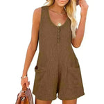 Casual Waffle Button Jumpsuit With Pockets Fashion Summer Beach Straight Shorts Overall Pants Womens Clothing - EX-STOCK CANADA