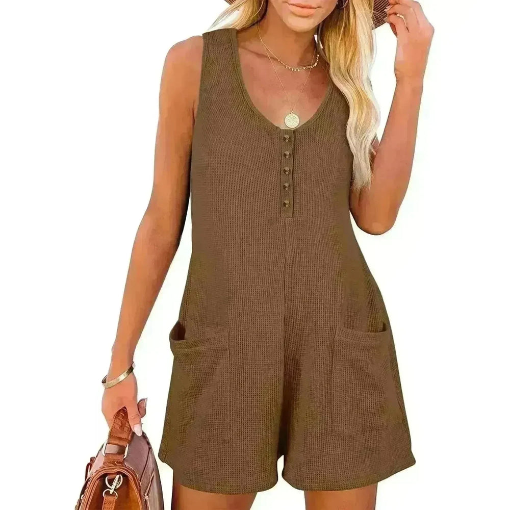 Casual Waffle Button Jumpsuit With Pockets Fashion Summer Beach Straight Shorts Overall Pants Womens Clothing - EX-STOCK CANADA