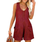 Casual Waffle Button Jumpsuit With Pockets Fashion Summer Beach Straight Shorts Overall Pants Womens Clothing - EX-STOCK CANADA