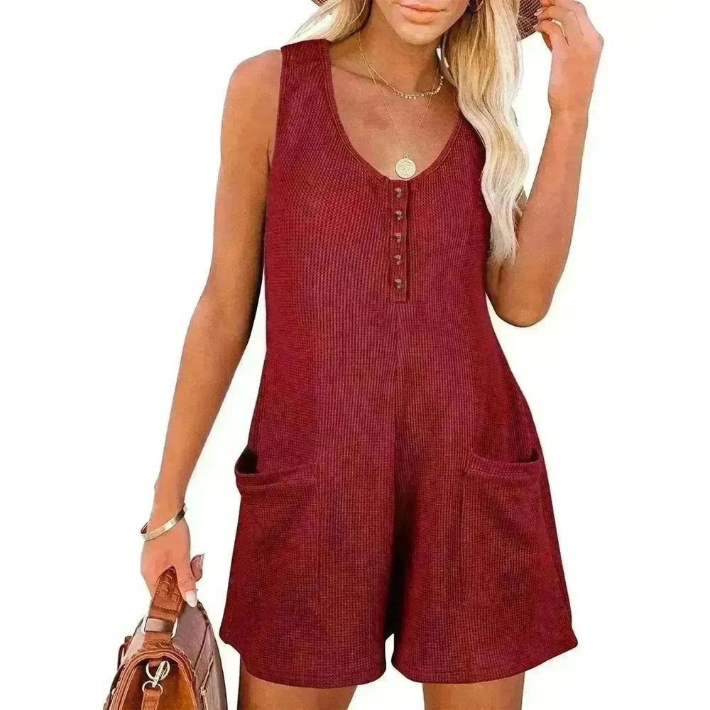 Casual Waffle Button Jumpsuit With Pockets Fashion Summer Beach Straight Shorts Overall Pants Womens Clothing - EX-STOCK CANADA