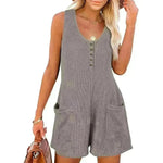 Casual Waffle Button Jumpsuit With Pockets Fashion Summer Beach Straight Shorts Overall Pants Womens Clothing - EX-STOCK CANADA