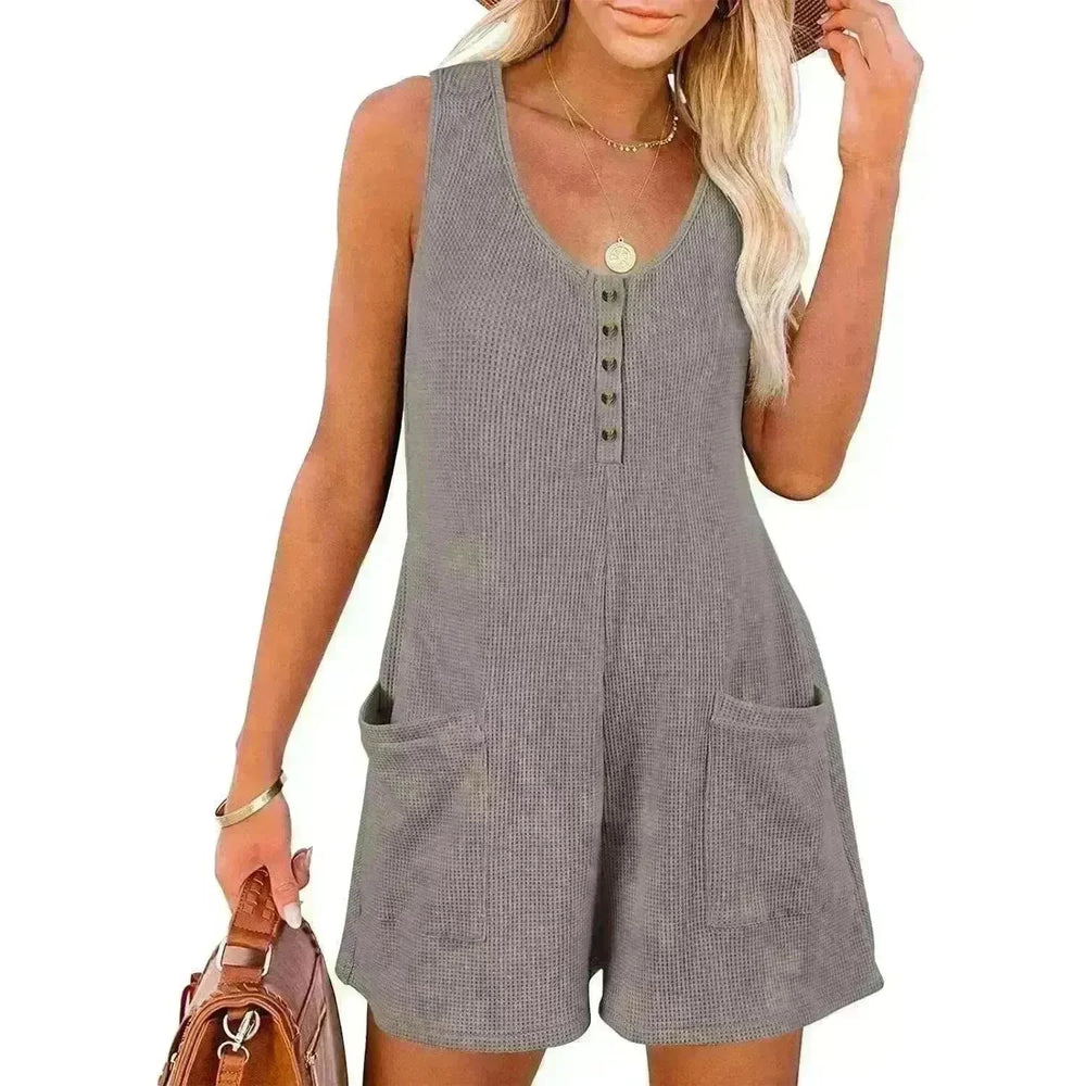 Casual Waffle Button Jumpsuit With Pockets Fashion Summer Beach Straight Shorts Overall Pants Womens Clothing - EX-STOCK CANADA