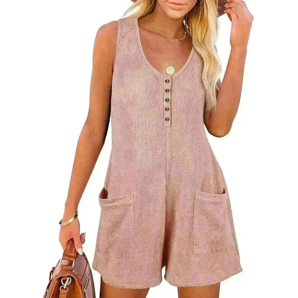 Casual Waffle Button Jumpsuit With Pockets Fashion Summer Beach Straight Shorts Overall Pants Womens Clothing - EX-STOCK CANADA