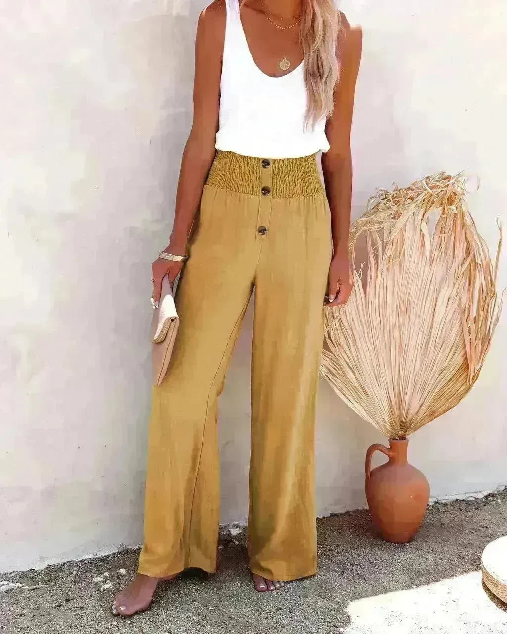Casual Women's Button Color Elastic Waist Trousers Wide Leg Pants - EX-STOCK CANADA