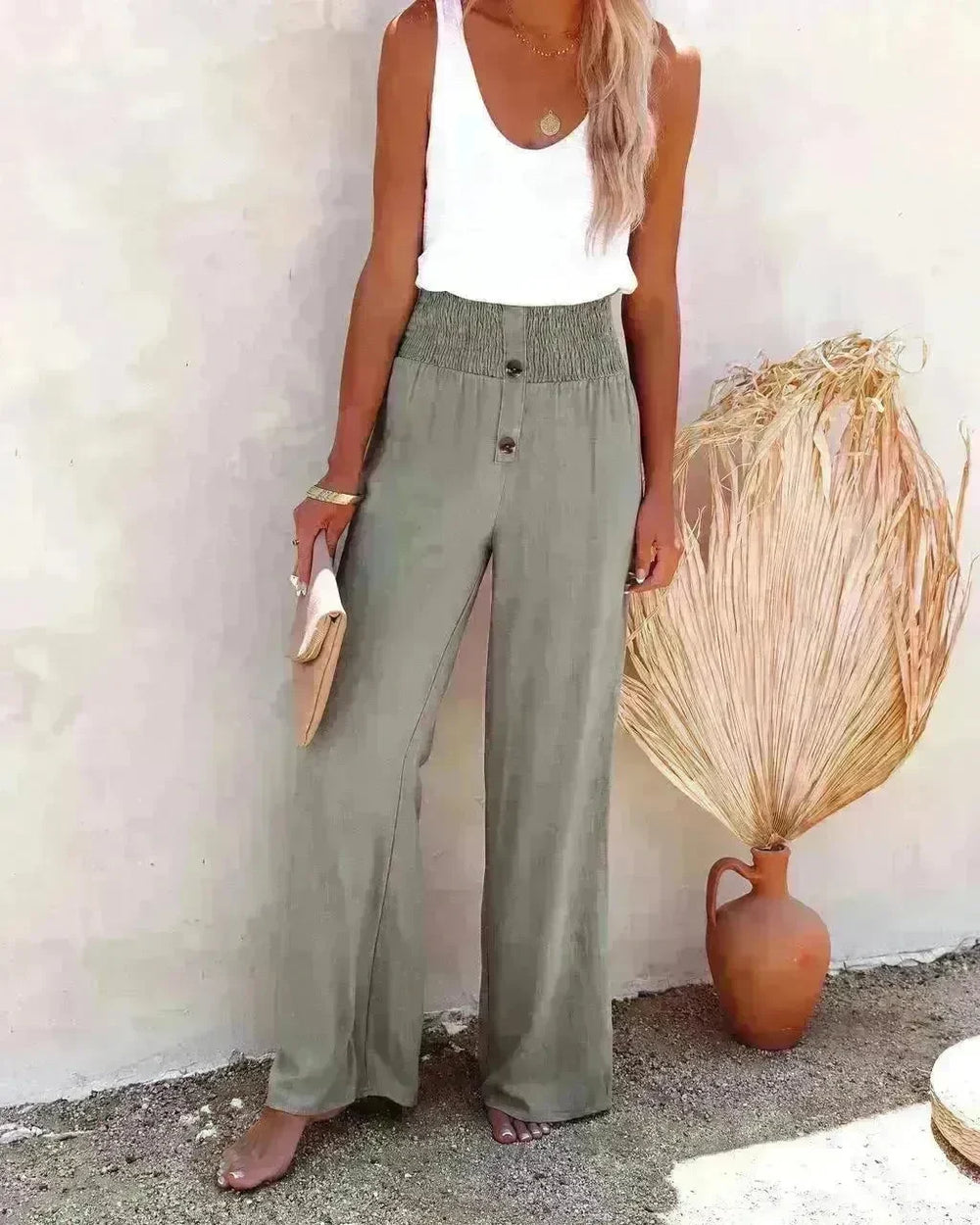 Casual Women's Button Color Elastic Waist Trousers Wide Leg Pants - EX-STOCK CANADA