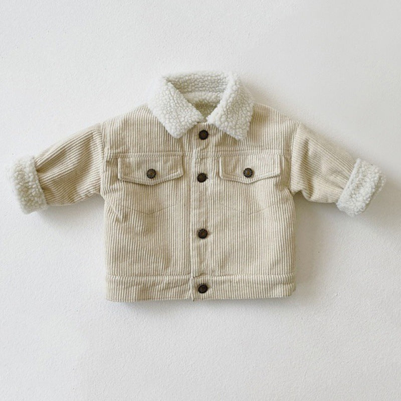Beige corduroy jacket with sherpa lining on a white background