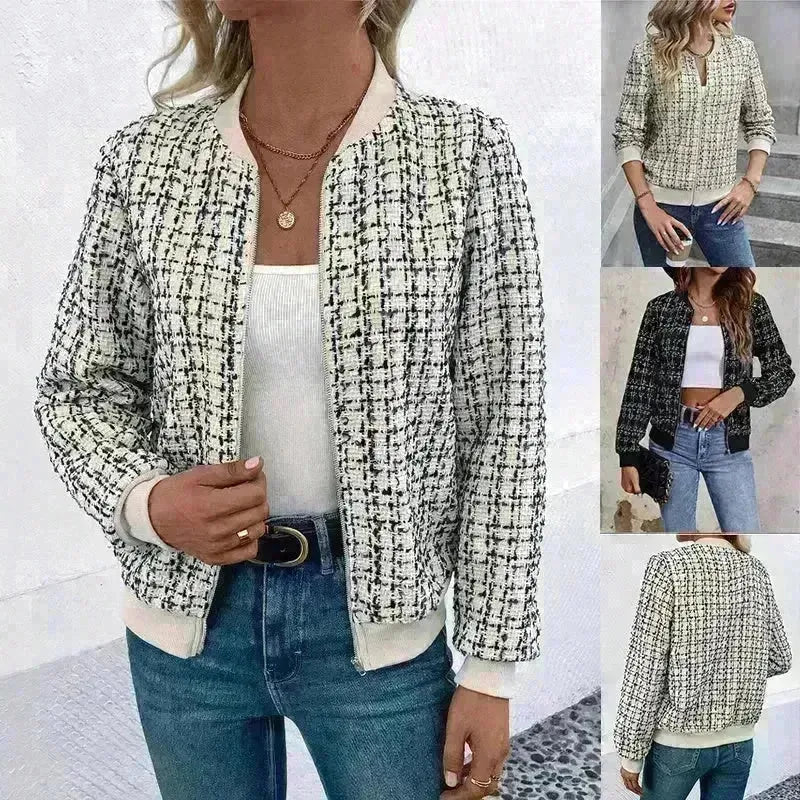 Autumn Winter Casual Long Sleeve plaid Houndstooth  zipper outwear jacket women - EX-STOCK CANADA