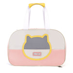 Pet carrier with cat face design and pink base on a white background