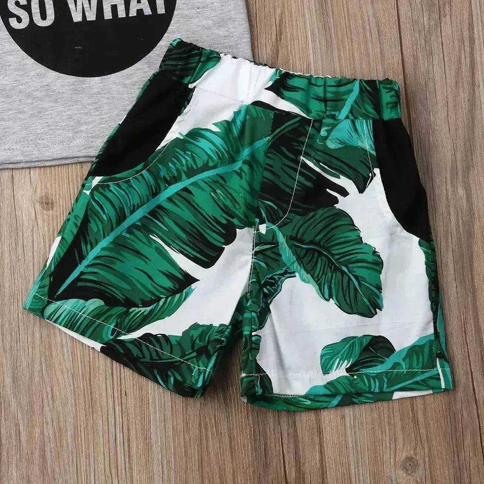 Gray Letters Vest Green Leaf Shorts Suit Casual two piece for boys - EX-STOCK Canada