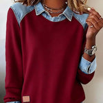 Denim Collar Long Sleeve Patchwork Knit Pullover Top – 16 Colours, S–XXXL