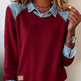 Denim Collar Long Sleeve Patchwork Knit Pullover Top – 16 Colours, S–XXXL