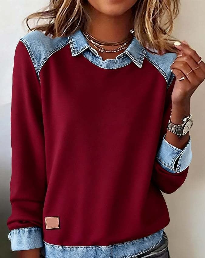 Denim Collar Long Sleeve Patchwork Knit Pullover Top – 16 Colours, S–XXXL