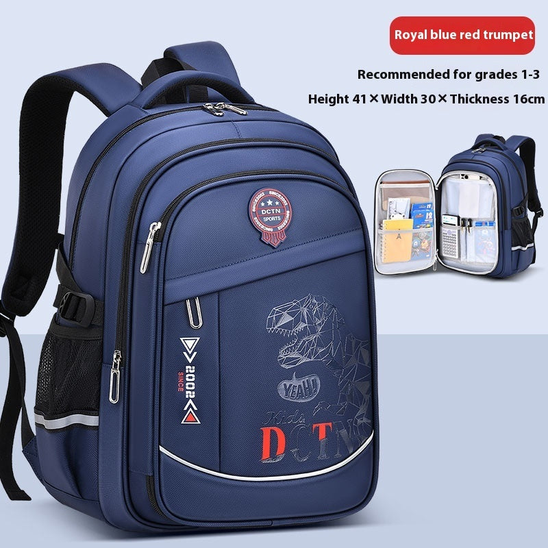 Blue backpack with visible brand logos on a light blue background