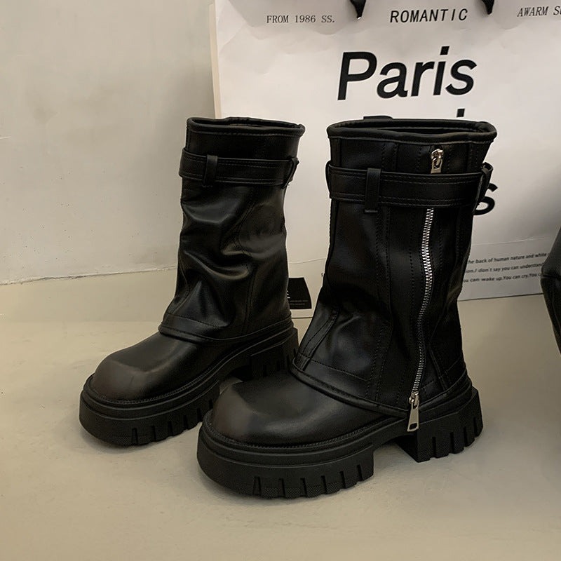 Women's Retro Platform Moto Boots – Chunky Heel Mid-Calf Zip-Up Boots in Black & Brown (EU 35–43)