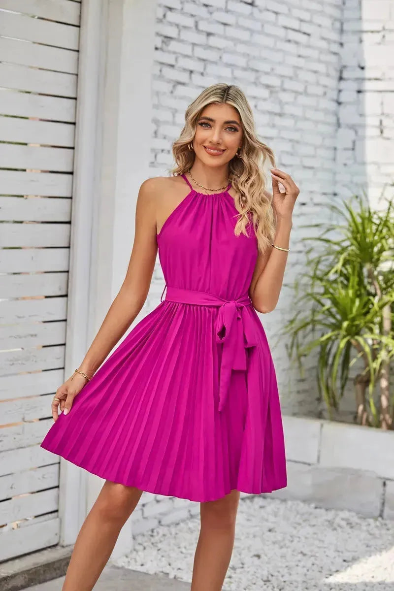 Halter Strapless Dresses For Women Solid Pleated Skirt Summer Beach Sundress - EX-STOCK CANADA