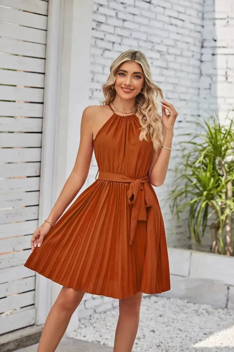 Halter Strapless Dresses For Women Solid Pleated Skirt Summer Beach Sundress - EX-STOCK CANADA