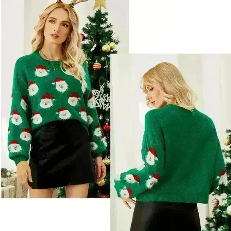 Christmas Sweater Women Cute Cartoon Santa Print Knit Sweater Winter Tops - EX-STOCK CANADA