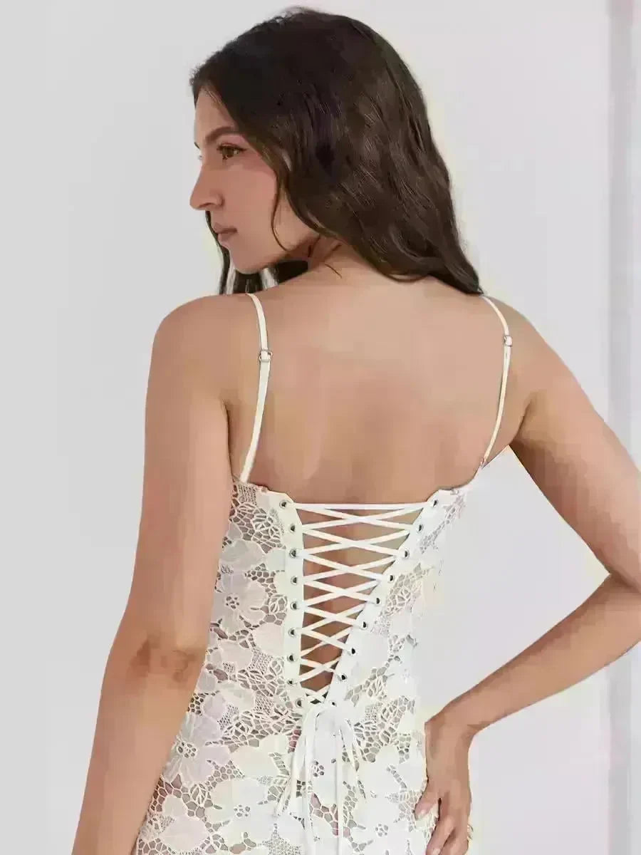 Women White Lace Wedding Dinner Party Cocktail Bodycon Spaghetti Strap Split Long Dress - EX-STOCK CANADA