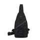 A black camouflage single-strap sling backpack with a diagonal zippered pocket and an adjustable shoulder strap, shown against a plain white background.