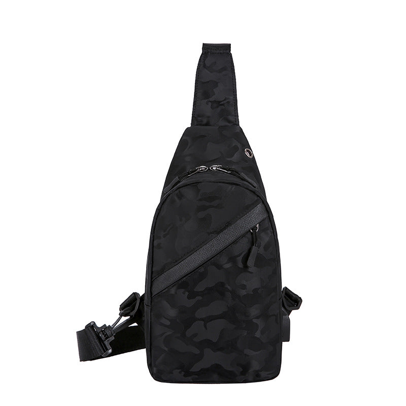A black camouflage single-strap sling backpack with a diagonal zippered pocket and an adjustable shoulder strap, shown against a plain white background.