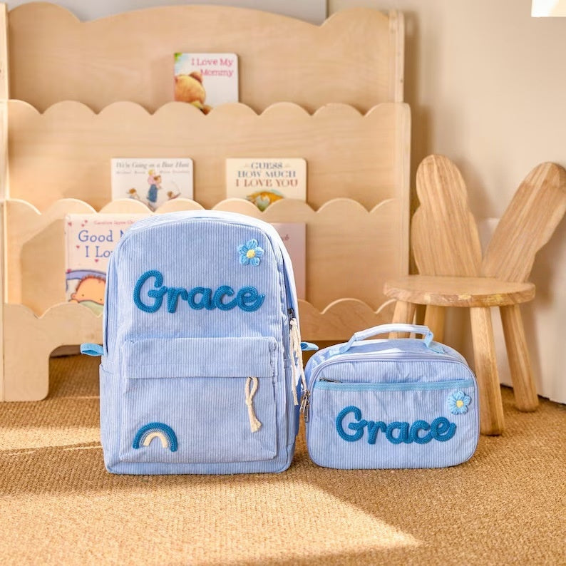 Kids Corduroy Backpack & Lunch Bag Set – Handmade Chunky Yarn, 7 Colour Combos blue 