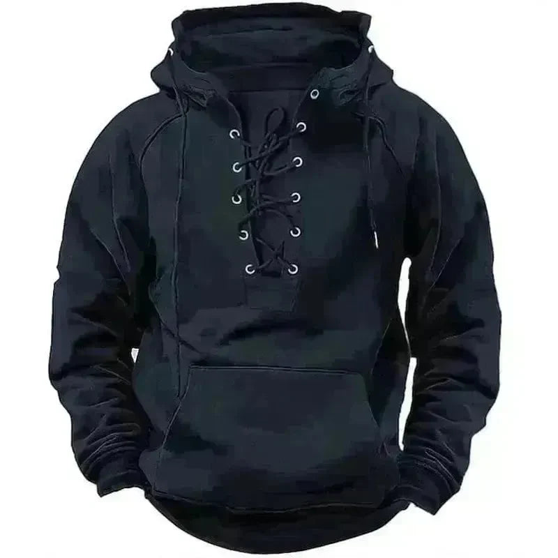 Men's Outdoor Retro Lace-up Hooded Long-sleeved T-shirt Casual Pullover top sweatshirt - EX-STOCK CANADA