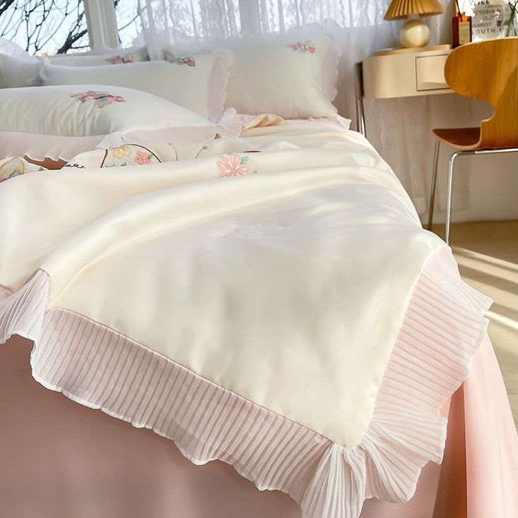 Korean Ice Silk Summer Quilt Four-piece Set Embroidery Lace Air Conditioning Cool Feeling Thin Duvet EX-STOCK Canada 