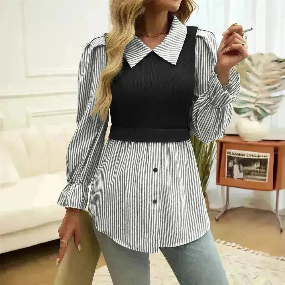 Women's Casual Contrast Color Stitching  Long Sleeve Collar Ladies Evening Top - EX-STOCK CANADA