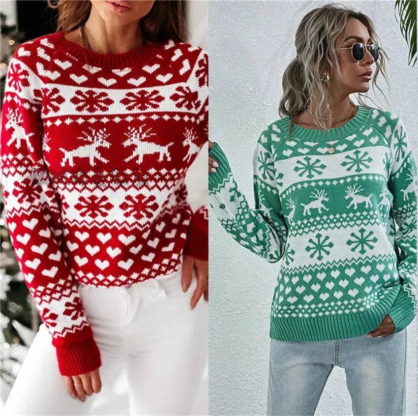 Elk Autumn And Winter New Knitted Round Neck Women's Christmas Snowflake Pullover Women's Sweater - EX-STOCK Canada
