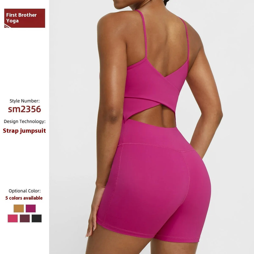 Thin Strap Yoga Clothes Shorts Suit Nude Feel One-piece Workout Top - EX-STOCK CANADA