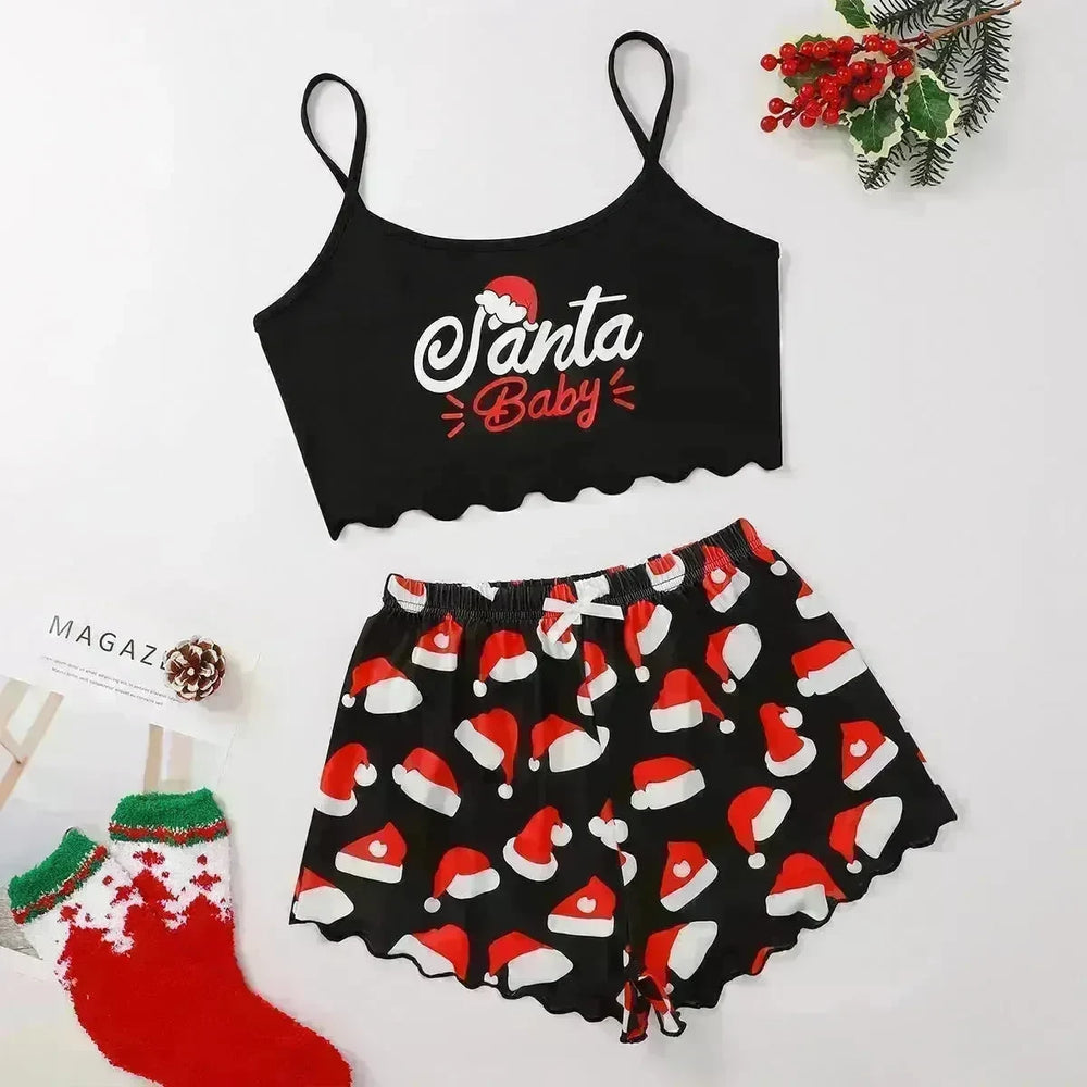 Christmas European And American Thin Pajamas Women's Sleeveless Shorts Milk Silk Simple Casual Two-piece Suit Homewear - EX-STOCK CANADA
