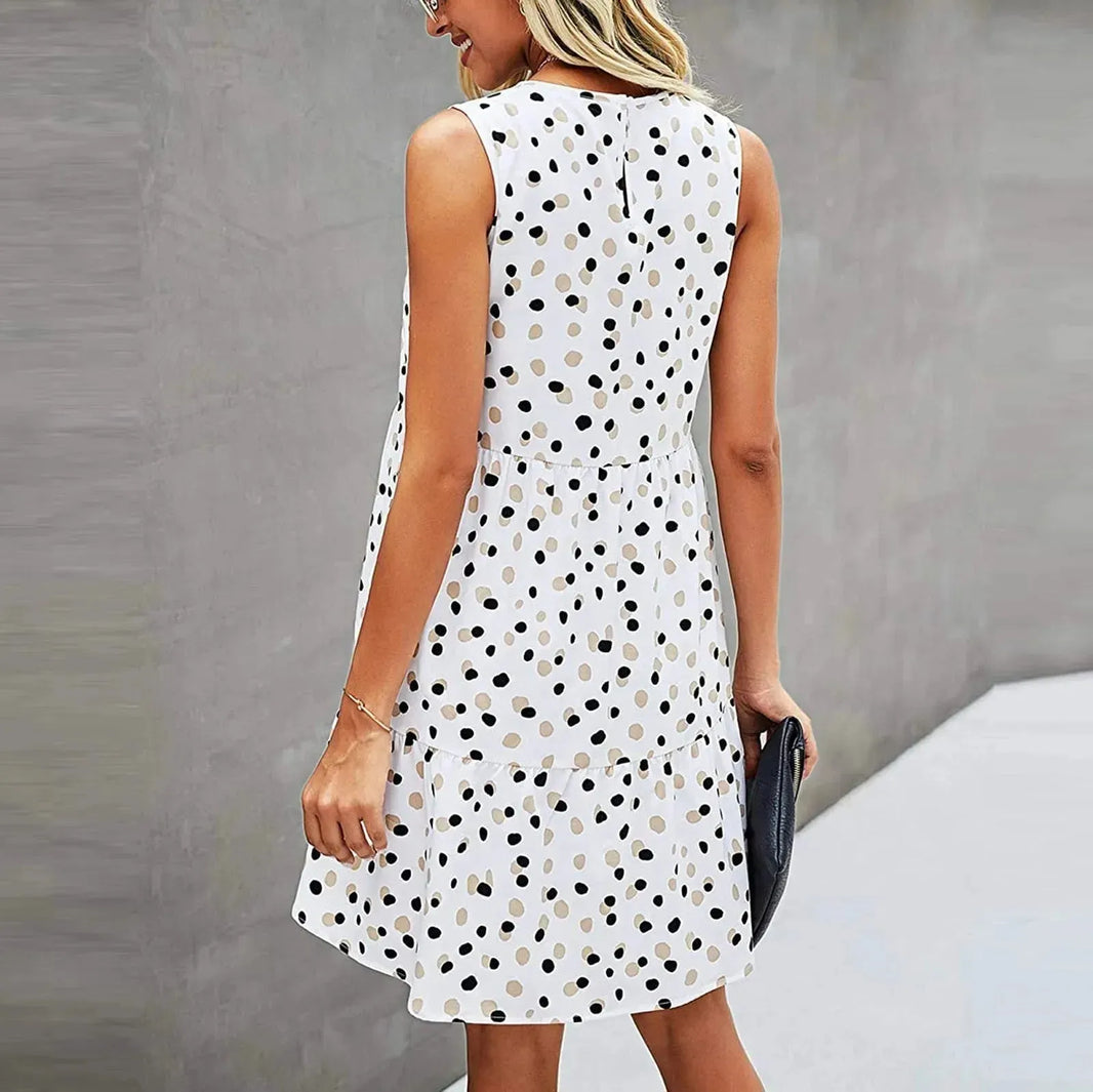 Women Summer Dot Print Sleeveless Loose Swing T-Shirt Dress With Pocket Casual Tank Mini Dresses Sundress - EX-STOCK CANADA