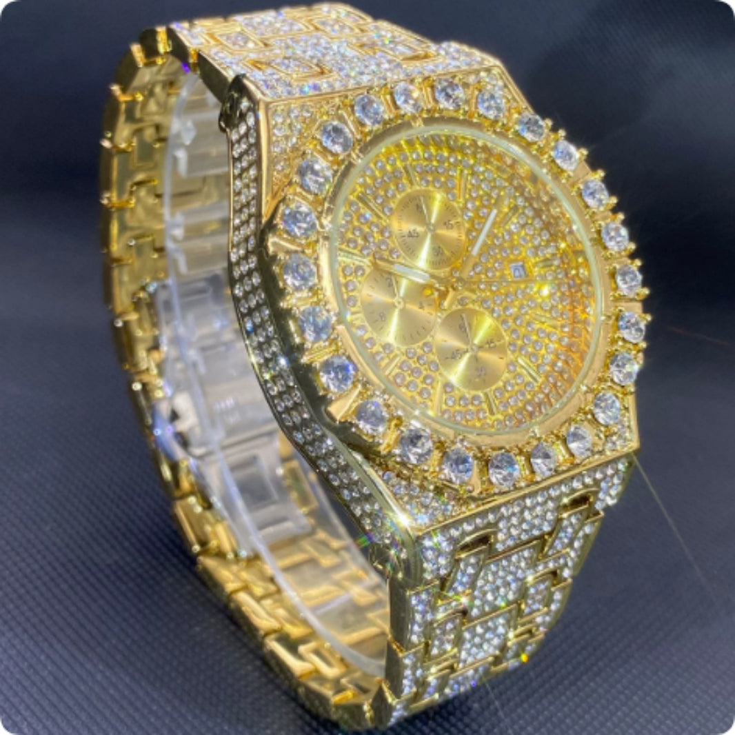 Gold Men's Iced Out Diamond Rhinestone Watch – Luxury Hip Hop Quartz Wristwatch