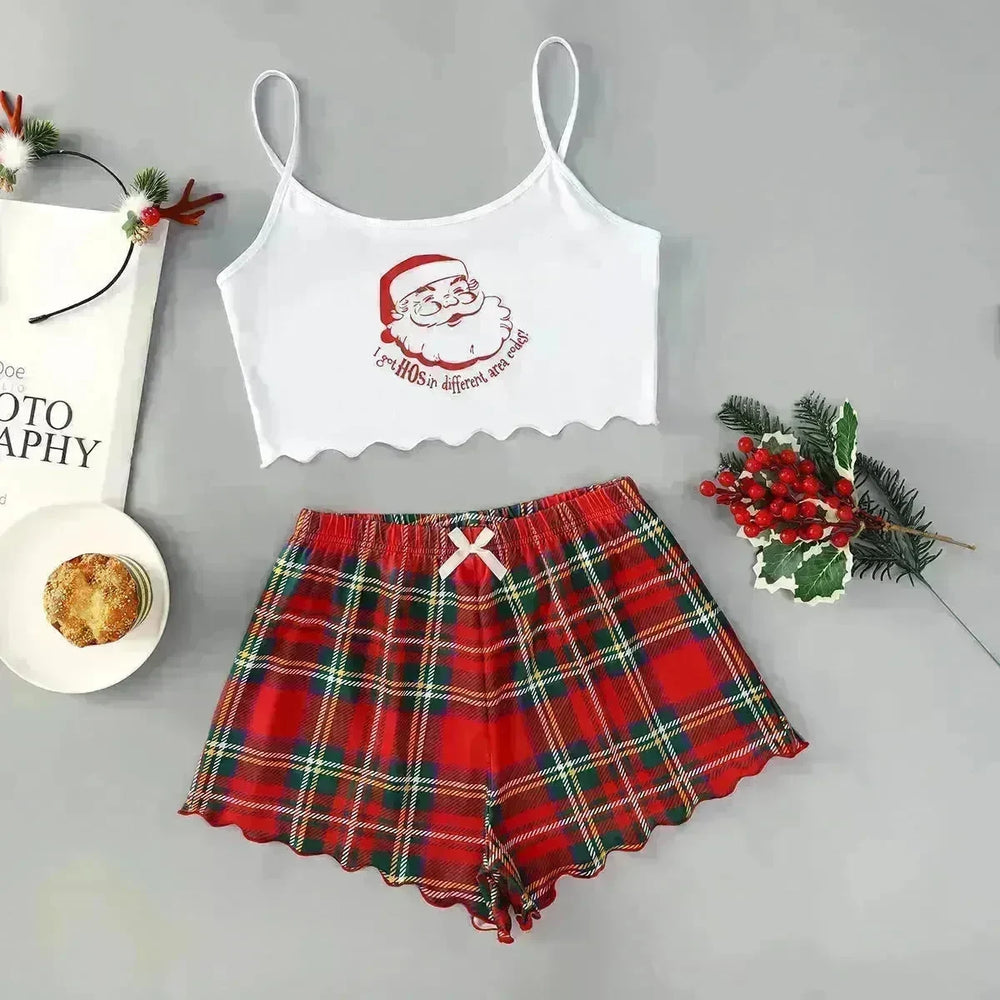 Christmas European And American Thin Pajamas Women's Sleeveless Shorts Milk Silk Simple Casual Two-piece Suit Homewear - EX-STOCK CANADA