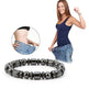Woman wearing a blue tank top and jeans, with an inset showing a close-up of her leg, next to a black beaded bracelet on a white background.